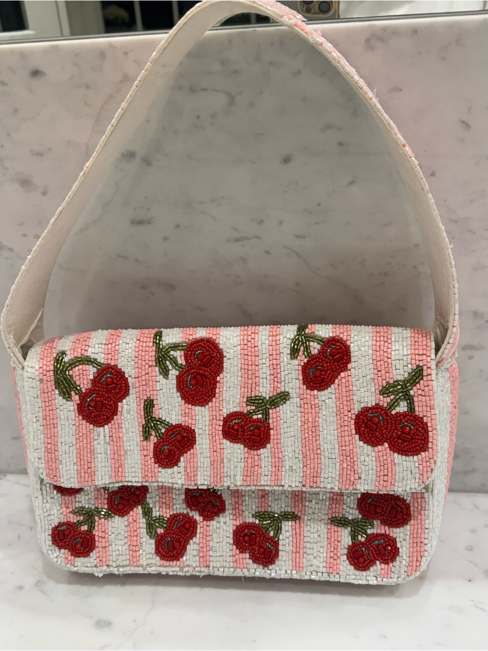 🍒Handcrafted in India Viral Beaded Cherry Shoulder Bag Cherries Pink Striped - Picture 12 of 13
